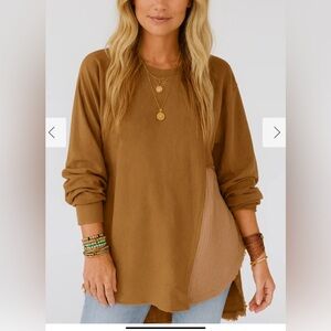 NEW Lovesoft Raw Edge Camel High- Cotton/ Gauze High- Low Pullover